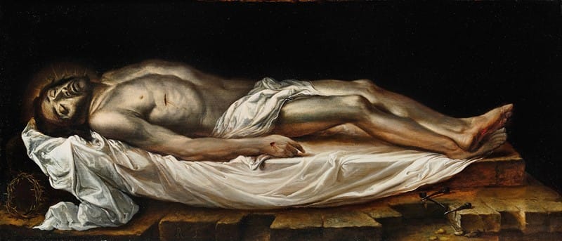 Joseph Hermann - Dead Christ laid on a white cloth with the Crown of Thorns and nails