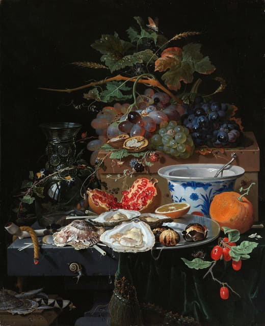 有水果、牡蛎和瓷碗的静物画