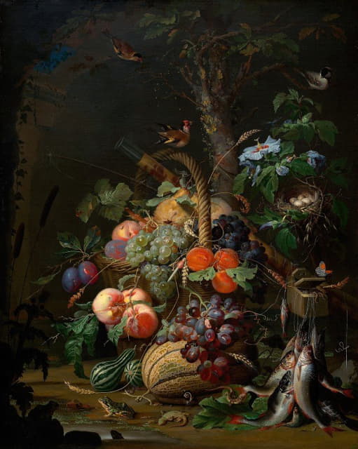 Abraham Mignon - Stillleben mit Früchten,Fischen und Vogelnest