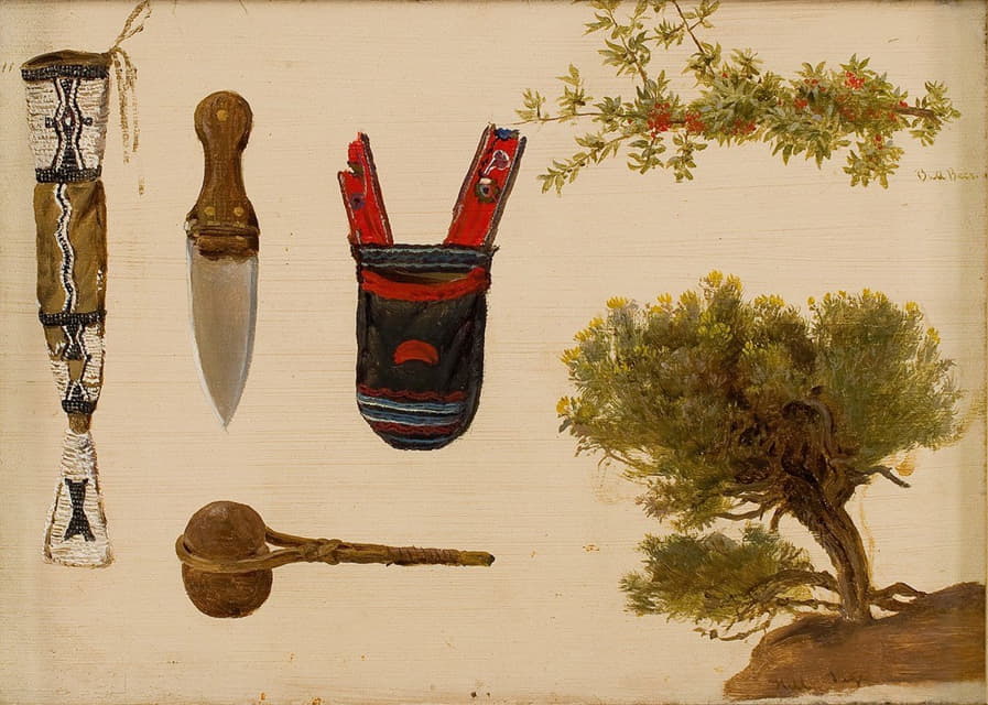 Charles Ferdinand Wimar - Studies of Beaded Scabbard and Knife, Decorated Pouch, Stone Axe, Branch of Bull Berry, and Hill Sage