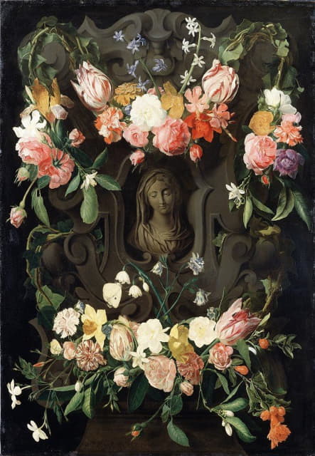 花朵围绕着一个带有圣母形象的卡通画