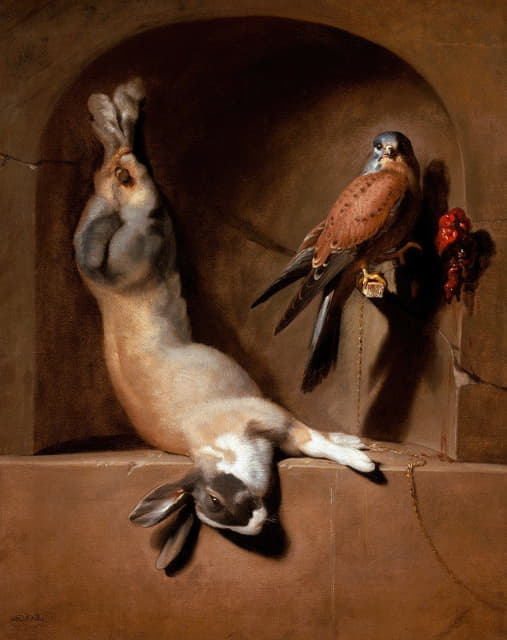静物画，壁龛中有死去的野兔和猎鹰