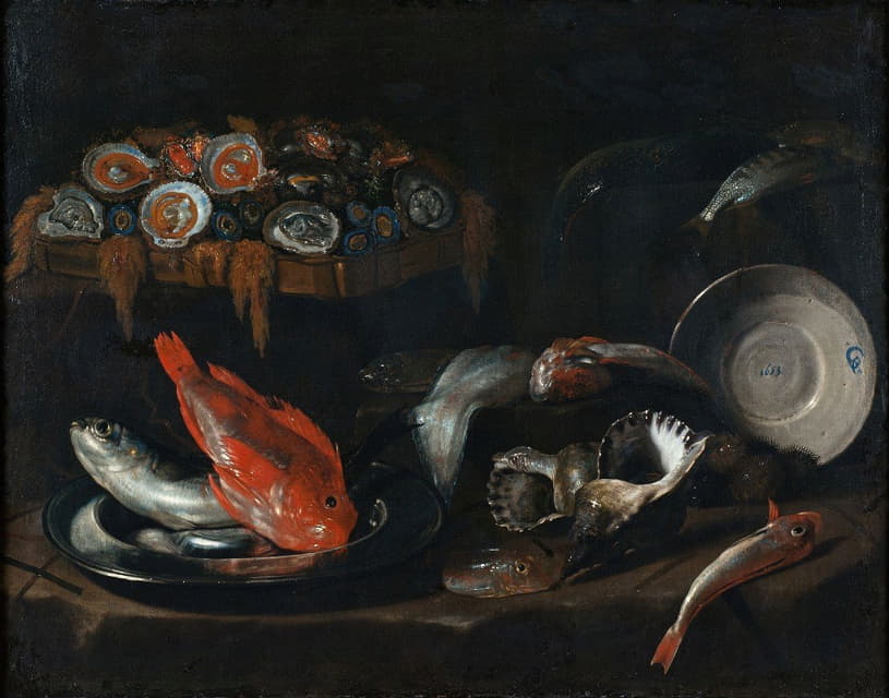 鱼和牡蛎的静物画