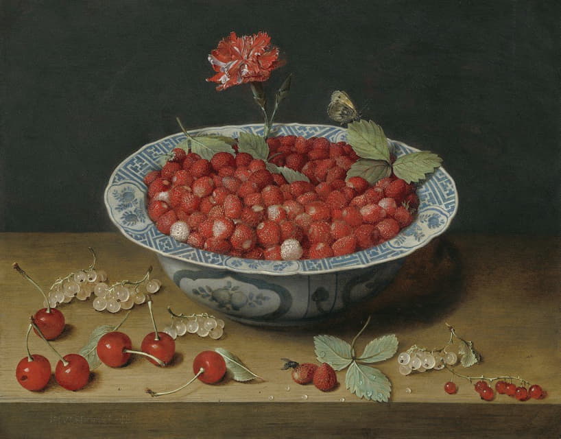 Jacob van Hulsdonck - Wild Strawberries and a Carnation in a Wan-Li Bowl