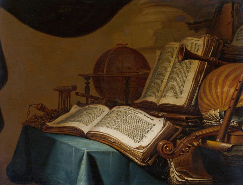 Jan Vermeulen - Still Life with Books, a Globe and Musical Instruments