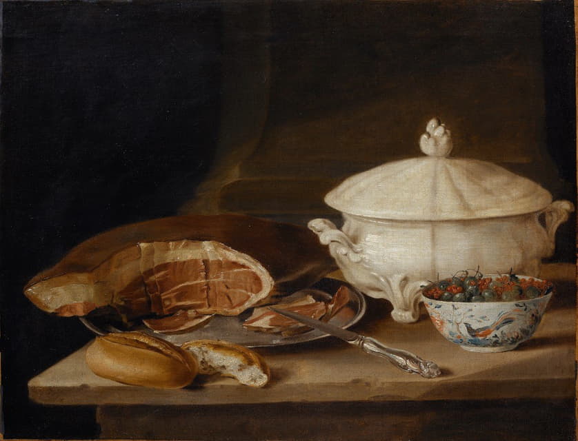 静物画：锡盘子上的火腿，一套彩陶，一碗醋栗和红醋栗