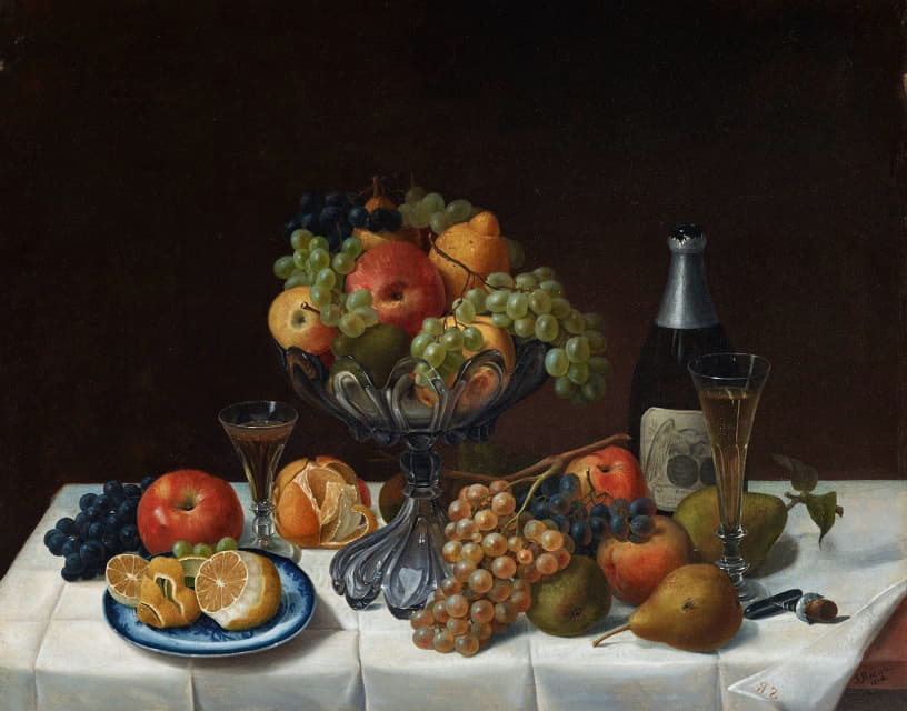 Severin Roesen - Fruit Still Life with Champagne Bottle