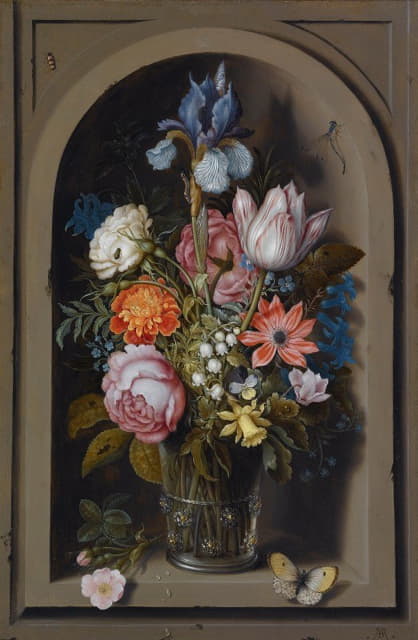 Ambrosius Bosschaert the Elder - A Still Life Of Flowers In A Glass Beaker Set In A Marble Niche