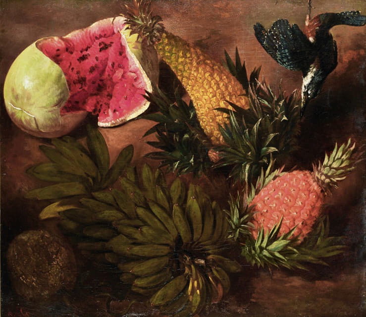 香蕉、百香果、菠萝、巴西菠萝、Jenipapo水果和尖尾棕榈藤的静物画