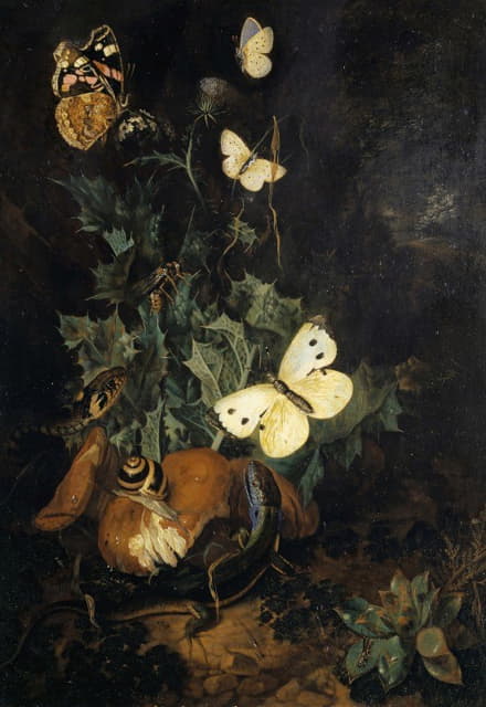 Carl Wilhelm De Hamilton - Still Life With Butterflies, Lizard And Snake