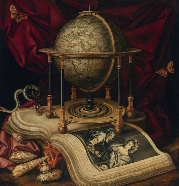 瓦尼塔斯的静物画有地球仪、书、贝壳、蛇和蝴蝶