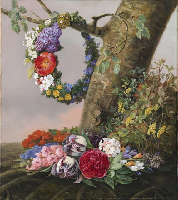 Christine Løvmand - En Buket Blomster Ved Foden Af Et Træ. På En Gren Hænger En Blomsterkrans