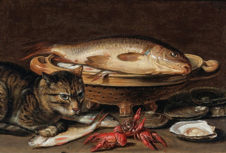 Clara Peeters - A Still Life With Fish In A Ceramic Collander, Oysters, Langoustines, Mackerel And A Cat On The Ledge Beneath
