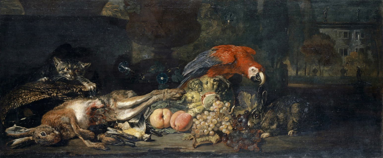 David de Coninck - Still Life With Game And Fruits, Parrot, Rabbit And Cat