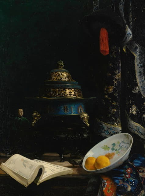 静物画以18世纪的中国香炉、搪瓷盘和清代朝臣的帽子为特色