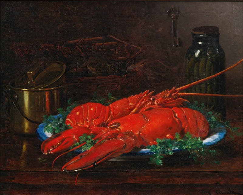 Eugène Claude - Still Life Of A Lobster With A Copper Pot On A Ledge
