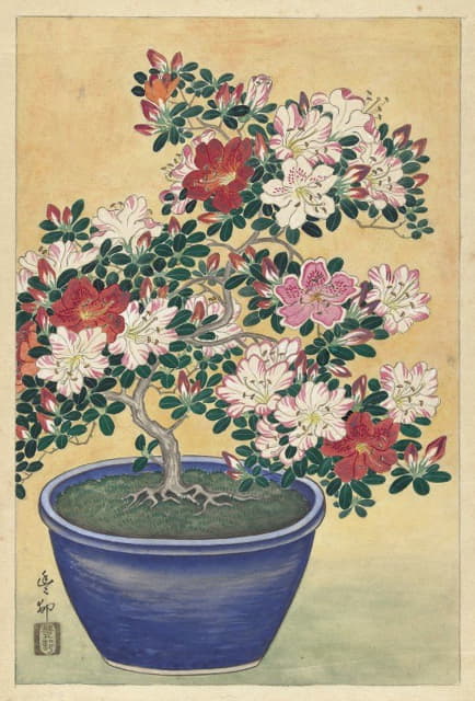 Ohara Koson - Flowering Azalea In Blue Pot