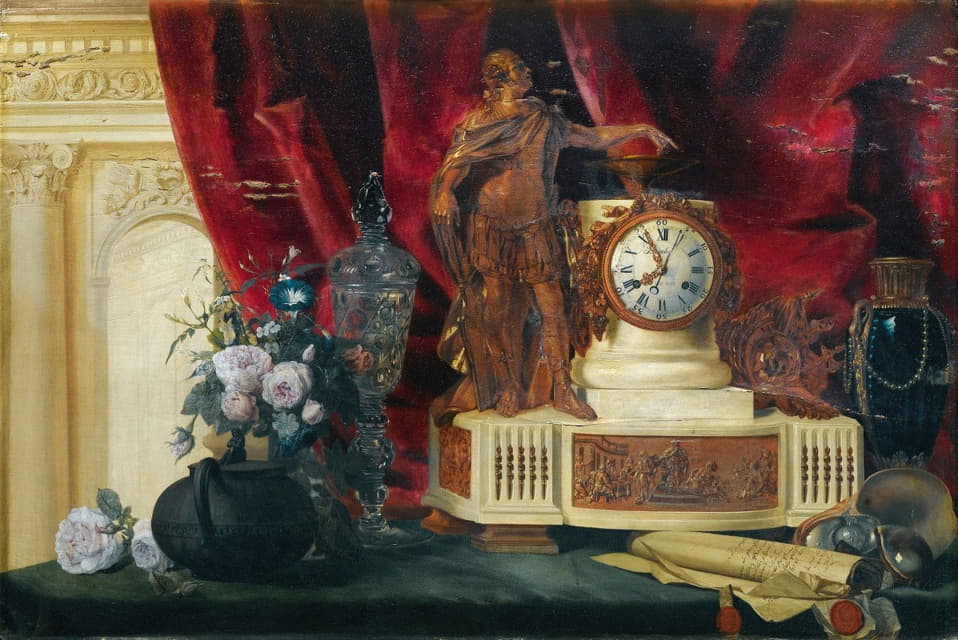 静物画，镀金青铜挂钟和塞弗里斯瓷瓶