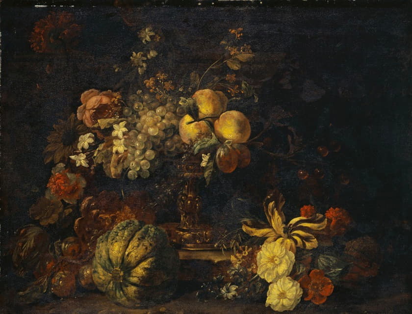 鲜花和水果的静物画