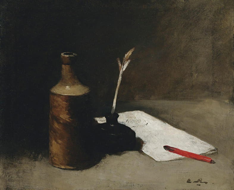 Germain-Théodore Ribot - Still Life With Bottle, Inkpot And Letter
