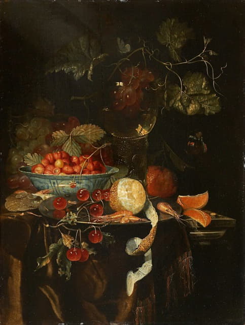 水果静物画和草莓瓷碗