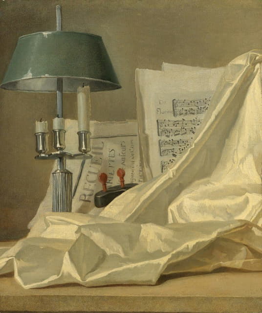 Henri-Horace Roland Delaporte - A Still Life With A Bouillette Lamp, A Sheet Of Music, A Violin Or A Cittern, And A White Satin Cloth On A Stone Ledge