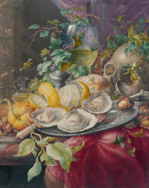 Herman Henstenburgh - Vanitas Still Life With Oysters And Skull