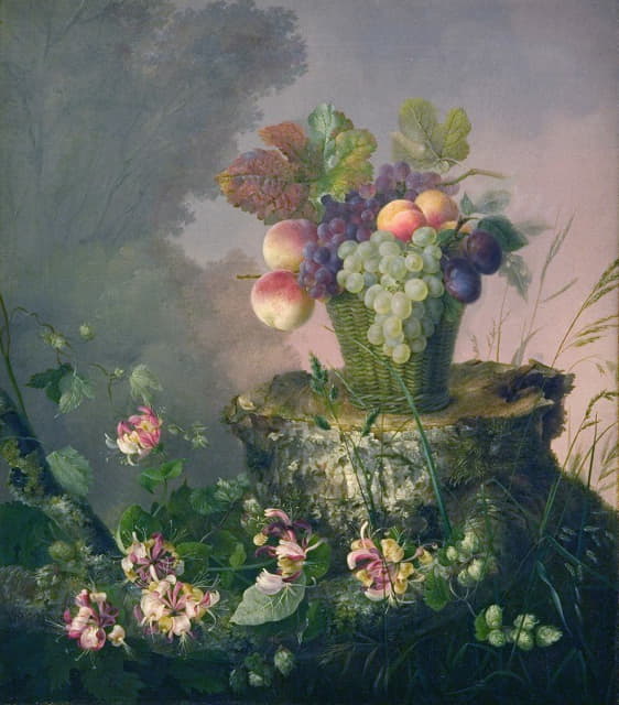 Hermania Neergaard - Blomsterkurv Med Frugt Ved En Træstub