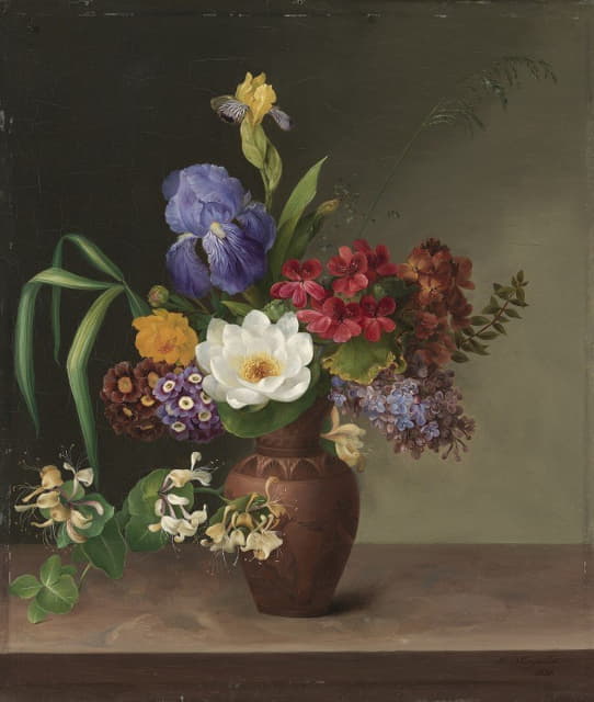 Hermania Neergaard - Vase I Græsk Stil Med Iris, Syren Og Kaprifolium