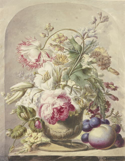 J. H. Van Loon - Bouquet In Einer Vase, Vorne Rechts Ein Pfirsich Und Einige Trauben