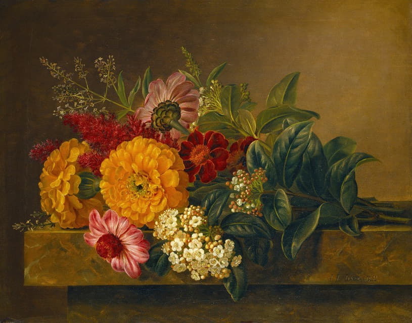 Johan Laurentz Jensen - Flowers In A Vase On A Marble Tabletop