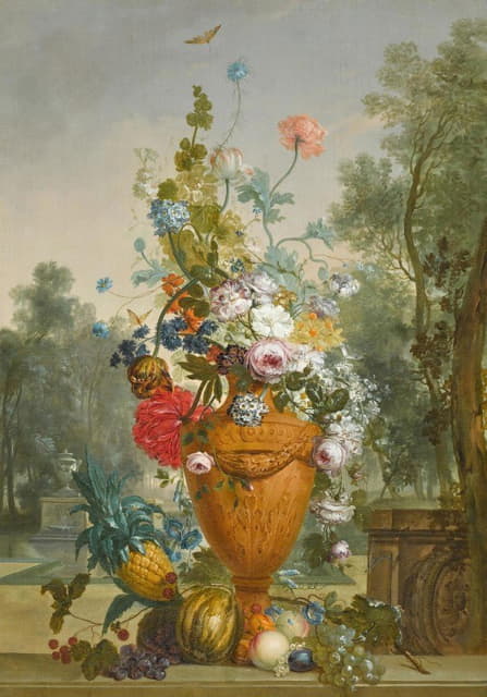 花园里的一瓶牡丹、菊花和一朵带有异国水果的康乃馨