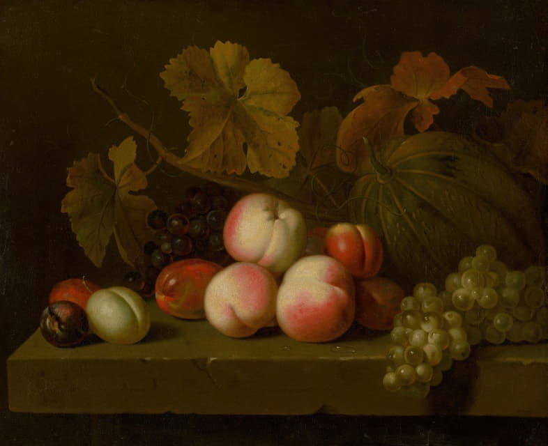 桃子、葡萄、李子和甜瓜的静物画