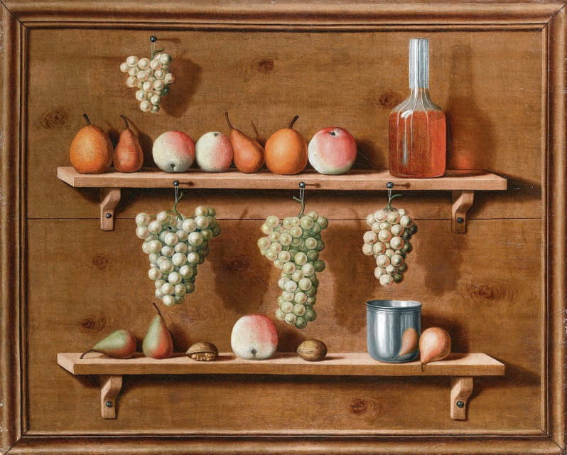 把梨子、苹果和坚果放在窗台上，把一串串葡萄挂在窗台上，所有这些都放在一个画框里