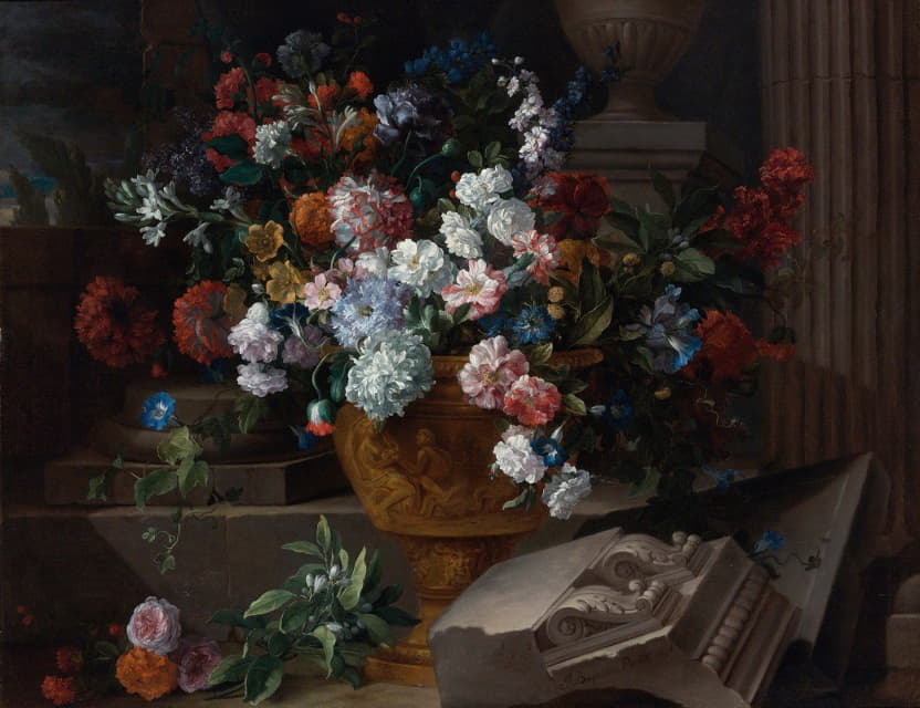 Jean-Baptiste Monnoyer - Still Life With Flowers In A Sculpted Urn With Architectural Fragments On A Terrace