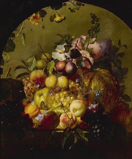 水果和鲜花的静物画