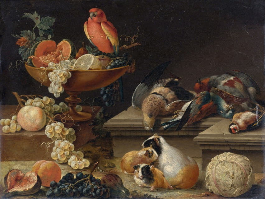 鹦鹉、猎禽、豚鼠和水果的静物画