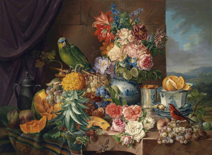 水果、鲜花和鹦鹉的静物画