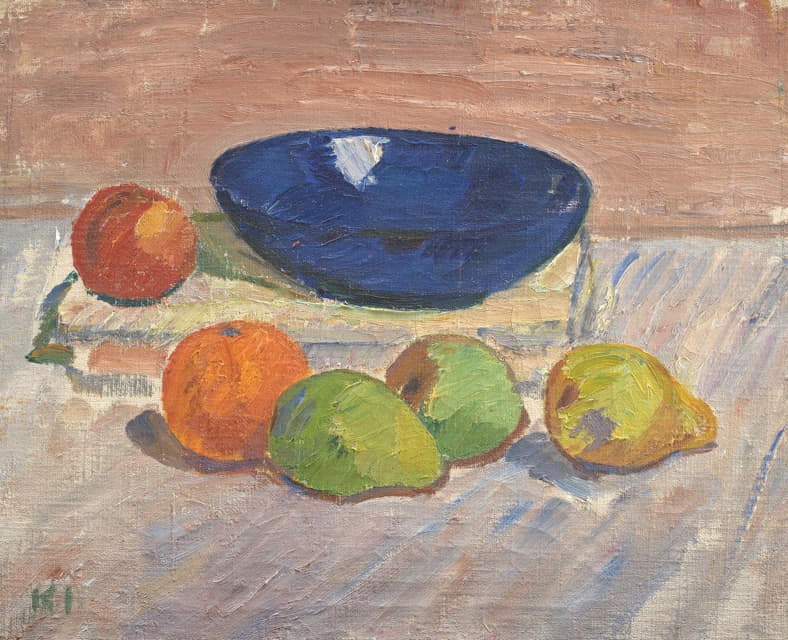 蓝色碗和水果的静物画