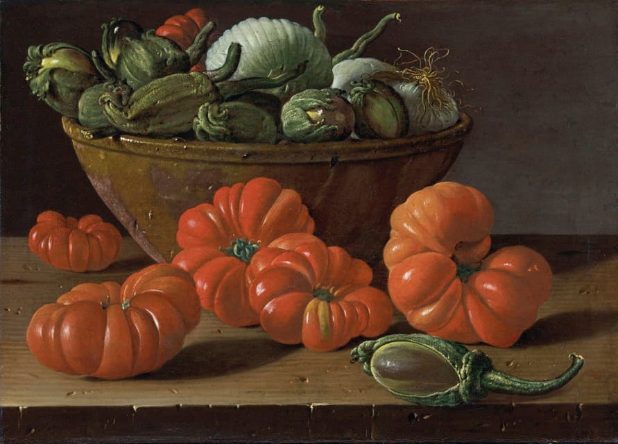 西红柿、一碗茄子和洋葱的静物画