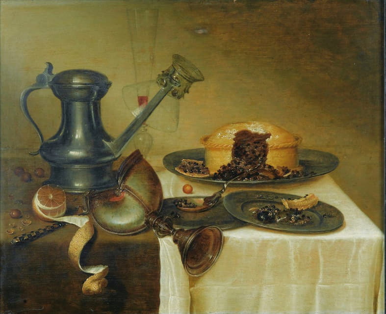 木架上有一个水罐、一个柠檬、一个馅饼和一个鹦鹉螺杯的静物画