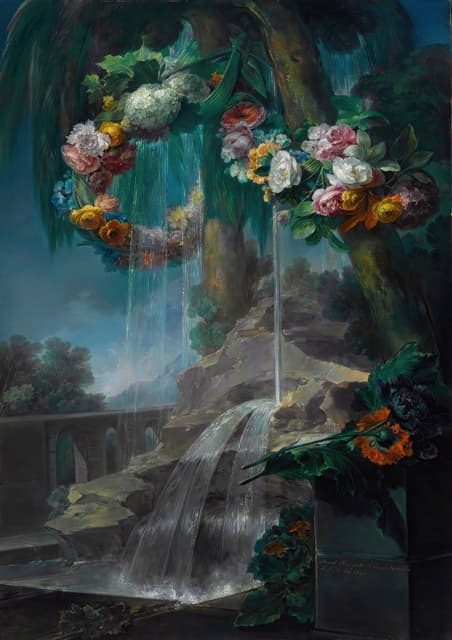 Miguel Parra Abril - An Outdoor Scene With A Spring Flowing Into A Pool, With Garlands Of Flowers And An Aqueduct Beyond