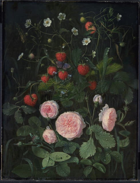 玫瑰和草莓的静物画