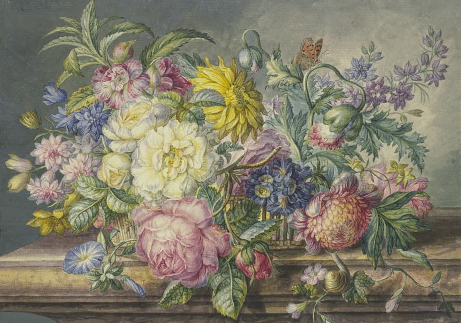 Oswald Wijnen - Blumenstrauß In Einem Korb, Dabei Eine Schnecke Und Ein Schmetterling