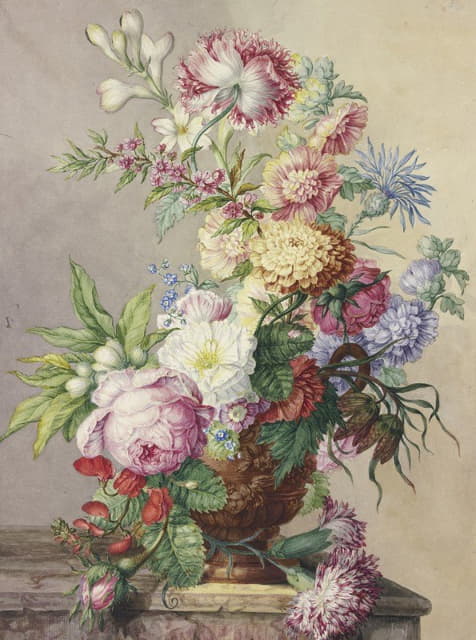 Oswald Wijnen - Blumenstrauß In Einer Vase Auf Einem Marmortisch