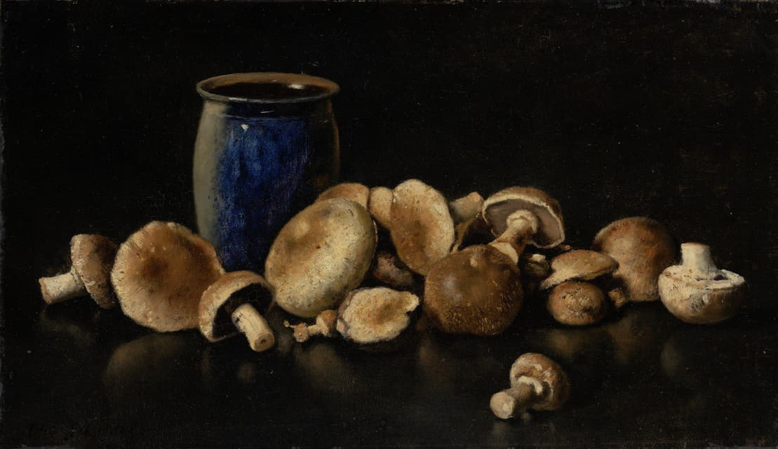 蓝色花瓶和蘑菇的静物画