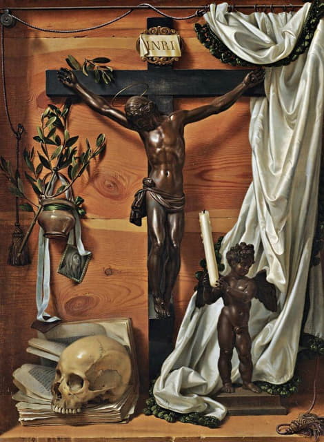 Prospero Mallerini - A Trompe L’oeil Vanitas Still Life With A Bronze Crucifix