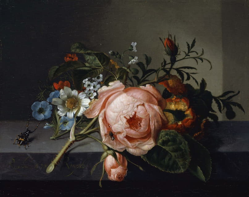 Rachel Ruysch - Still Life With Rose Branch, Beetle And Bee