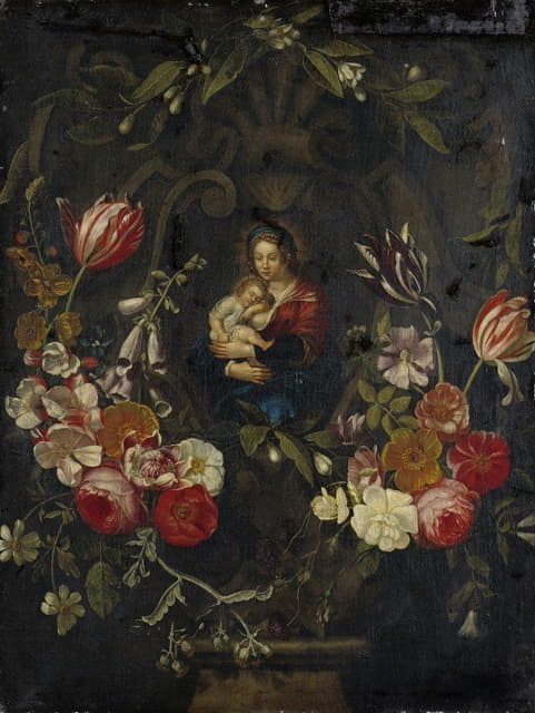 静物画，花朵环绕着带孩子的圣母像