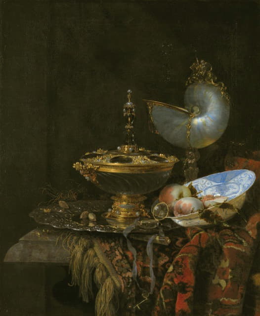 Willem Kalf - Pronk Still Life With Holbein Bowl, Nautilus Cup, Glass Goblet And Fruit Dish